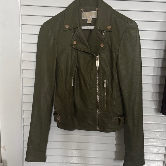 Michael Kors Dark Olive Genuine Leather Jacket - Picture 1 of 2